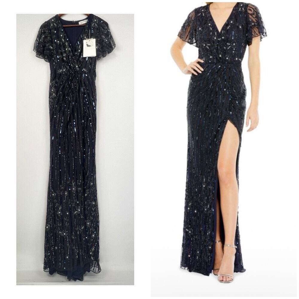 Mac Duggal 2 Black Sequin Evening Gown Prom Maxi Dress Slit Flutter Sleeve - Picture 3 of 10